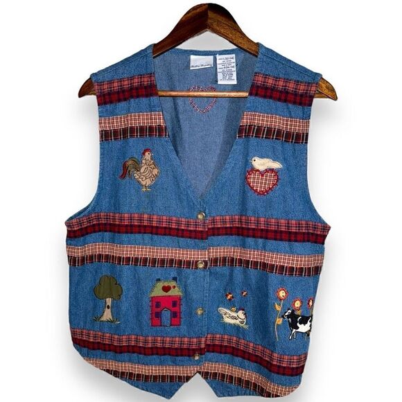 80s Bobbie Brooks Embroidered Denim Farm Patch Vest Size L - Picture 1 of 14